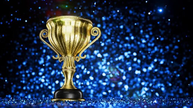 A golden trophy gleams brightly in the center. The camera zooms in on the winner's golden cup. It's an awards ceremony. The prize symbolizes victory and achievement. Perfect for business success stori