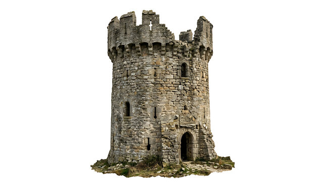 Ancient medieval stone tower with battlements isolated on a clean white background