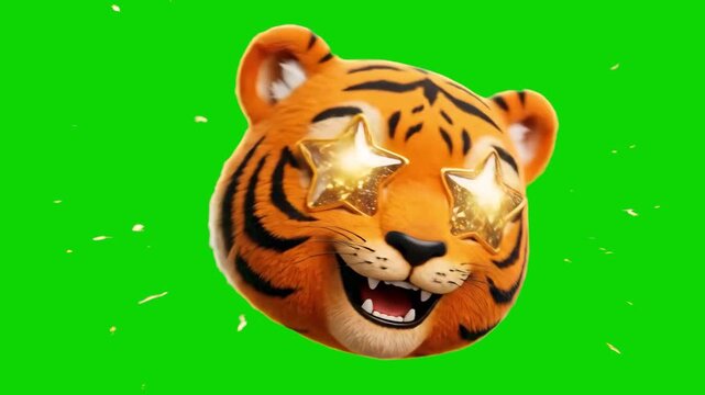 A vibrant 3D cartoon render of a happy orange tiger head with glowing golden star eyes and a wide cheerful grin, isolated against a bright chroma key green backdrop. Great for success celebrations, ga