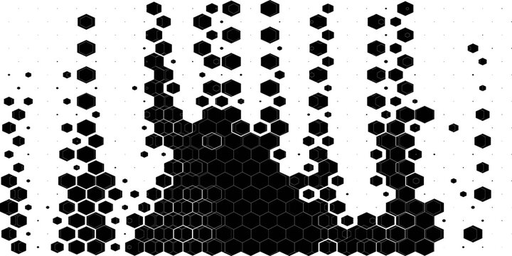 Hexagon halftone gradient texture. Abstract black grunge background. Geometric retro halftone tech overlay. Fading wavy hexagonal pattern backdrop. Vector