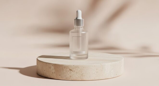 Elegant frosted glass serum bottle stands atop a smooth beige stone pedestal against a soft neutral backdrop with delicate natural shadows, face, hydration, glass
