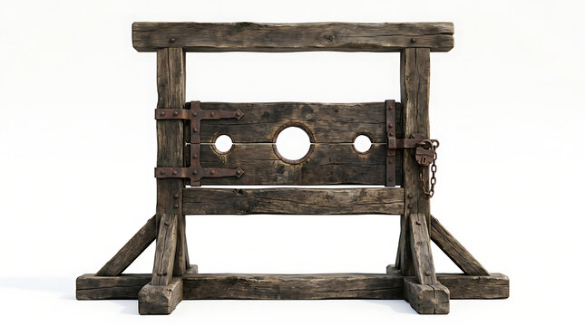 A vintage wooden pillory with metal hinges and a locking padlock isolated on white background