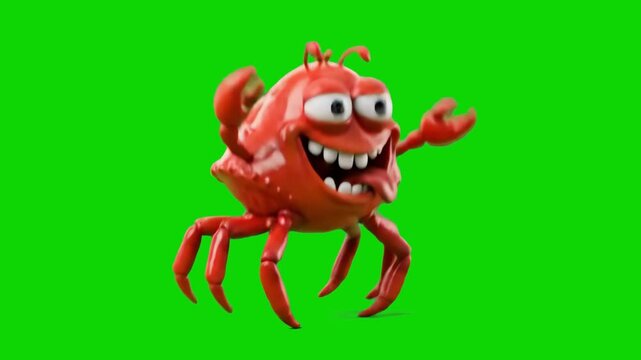 Energetic red 3D cartoon crab dancing happily and clacking its claws with a funny face on a green screen keying backdrop. Perfect for ocean life animations, seafood commercials, summer vacation promos