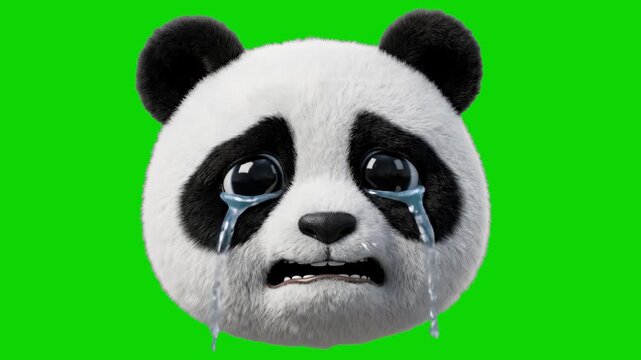 A cute 3D illustration of a fluffy panda bear head with large teary eyes and tears streaming down its face, isolated on a solid chroma key green screen background. Ideal for emotional video overlays, 