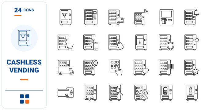 Vending Machine Cashless Payment Web Icon Set in Linear Style. Collection of Automated Retail line icons, including contactless terminal, card reader, mobile pay, product hatch, smart kiosk, refund