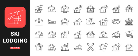Fototapeta premium Ski Lodge Winter Resort Web Icon Set in Linear Style. Collection of Alpine Cabin line icons, including ski lodge, pine tree, skis, mountain, cable car, room key, fireplace, snowflake and more.
