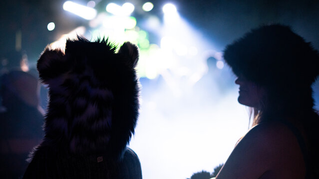 View of two people in silhouette, one wearing a furry animal hat, enjoying a night concert with bright stage lights at the Oregon Country Fair in Veneta, Oregon, United States.