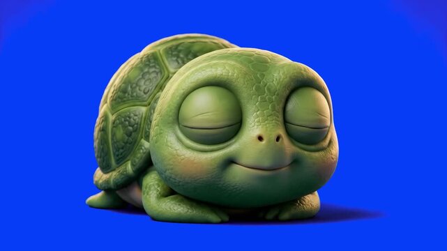 An adorable 3D render of a green sea turtle character with its eyes closed in a peaceful sleep, featuring a gentle smile, isolated on a solid blue background. Perfect for baby product branding, bedtim
