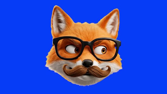 A clever 3D rendered head of a red fox wearing stylish black glasses and a curved brown mustache, looking slyly to the side against a solid blue background. Great for hipster branding, educational app