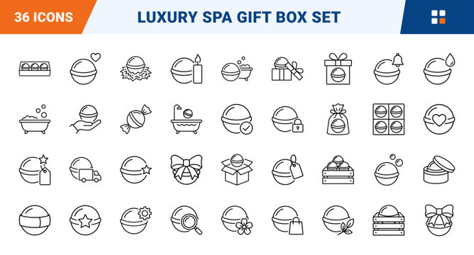 Bath Bomb Gift Set Web Icon Set in Linear Style. Collection of Pamper Package line icons, including spa gift, body care, cosmetics kit, retail package, gift box, wellness set.