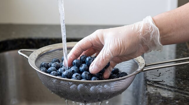 Washing fresh blueberries in a strainer under running water, healthy eating and food preparation