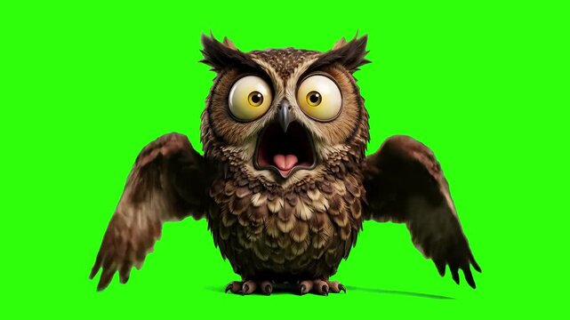 A funny 3D illustration of a brown owl character with wings spread, wide open eyes, and a shocked or amazed mouth expression, isolated on a solid chroma key green backdrop. Perfect for video reactions