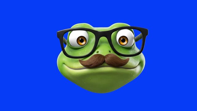 Clever 3D cartoon frog head wearing black framed glasses and a brown mustache on a solid blue screen background. Perfect for educational videos, trivia promos, gentleman character animations, and post