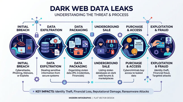 Dark Web Data Leaks Infographic - Cybersecurity Threat Lifecycle and Cybercrime Process Flowchart