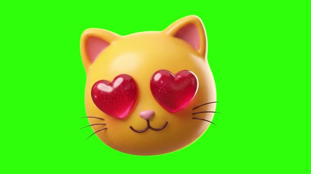 Vibrant yellow 3D cartoon kitten head featuring glossy red heart-shaped eyes representing love and adoration on a green screen keying background. Great for Valentine's Day promos, romantic video conte