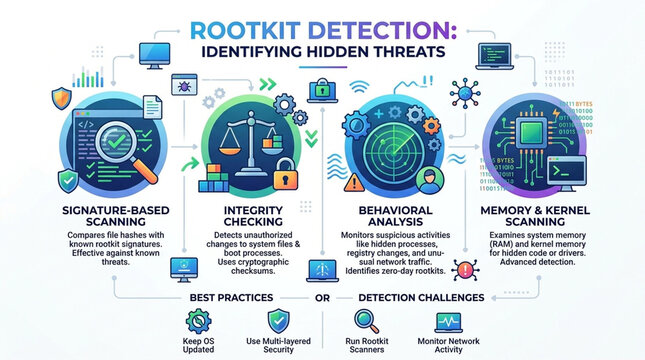 Cybersecurity Rootkit Detection Infographic - Identifying Hidden Malware Threats and Advanced Scanning Methods