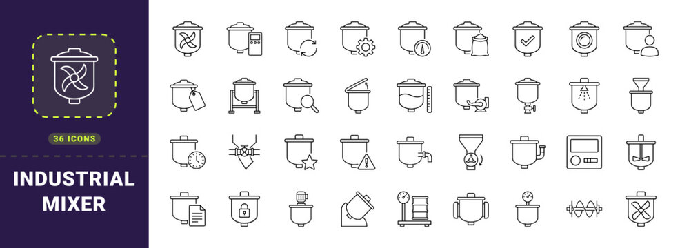 Mixer Industrial Batch Mixing Web Icon Set in Linear Style. Collection of vessel processing line icons, including blending, agitation, compound mixing, batch production, fluid processing.