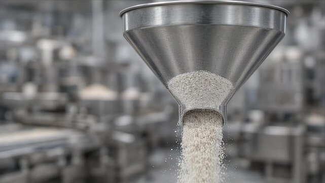 Cinematic sustainable industry macro background with metal funnel and steel hopper pouring dry powder and granule ingredient feed modern factory production line and industrial macro background