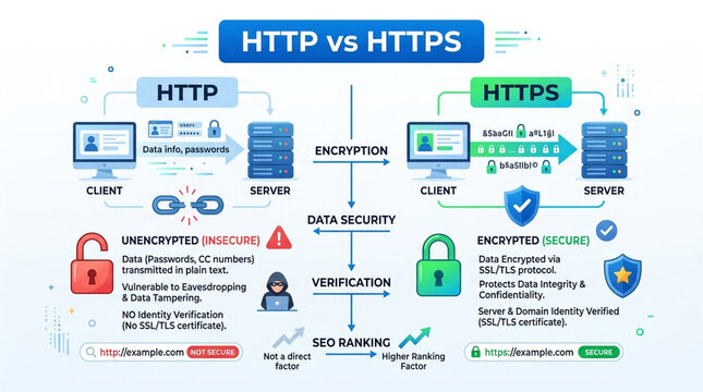 HTTP vs HTTPS Infographic: Web Security, Data Encryption, and SSL Certificate Comparison