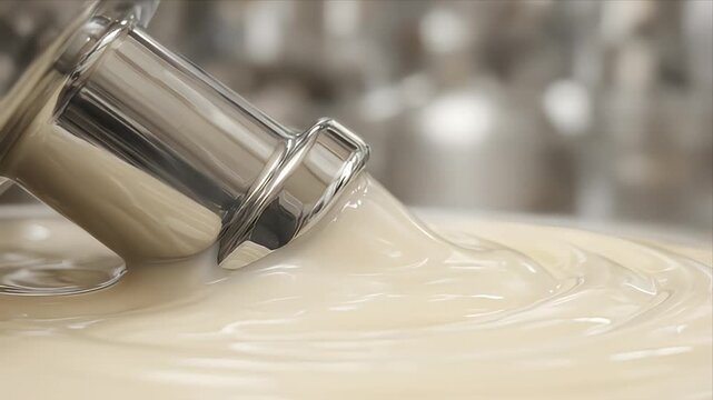 Cinematic sustainable industry macro background of creamy liquid pouring through stainless steel nozzle and pipe modern dairy production factory closeup, smooth texture flow detail swirling surface