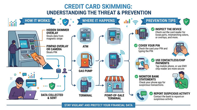 Credit Card Skimming Prevention Infographic: Security Guide for ATM and Digital Payment Safety