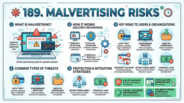 Malvertising Risks and Cybersecurity Threats Infographic with Protection Strategies