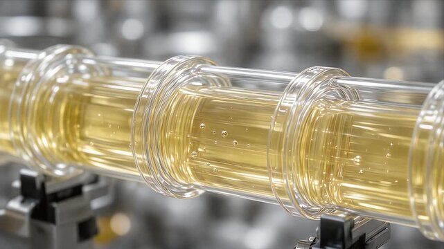 Cinematic sustainable industry macro background focus transparent glass pipeline filled with golden liquid fluid flow bubble motion concept for clean clean energy future technology precision