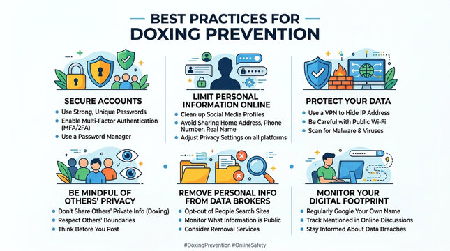 Cybersecurity Infographic Design for Doxing Prevention and Online Privacy Protection Tips
