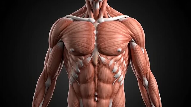 Human muscle anatomy structure is displayed in a detailed medical illustration of the male torso.