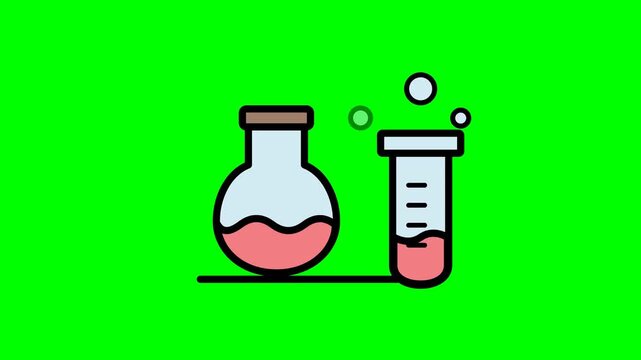 Chemistry Lab Equipment Flask and Test Tube Bubbling Green Screen.