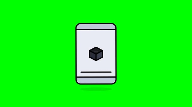 Simple animated 3D cube icon on a smartphone screen with green background.