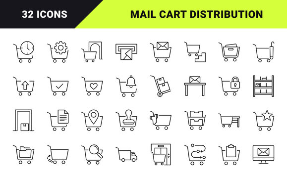 Mail Cart Office Mail Round Web Icon Set in Linear Style. Collection of Office Mail Round line icons, including internal delivery, mail distribution, office logistics, postal sorting.
