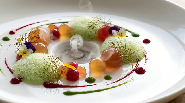 Avant-garde molecular gastronomy with spheres, foam, and artistic plating. 
Innovative fine dining. Perfect for high-end restaurants and culinary innovation.