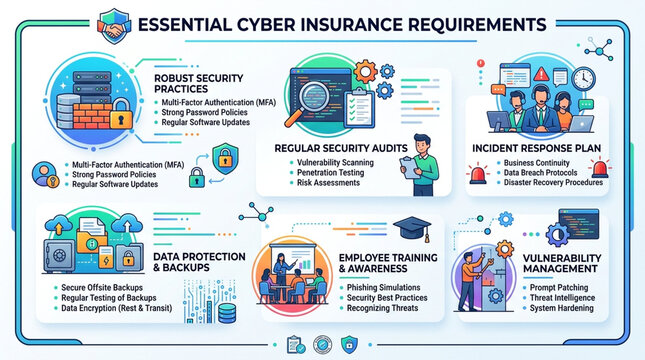 Essential Cyber Insurance Requirements Infographic for Business Data Security and Risk Management