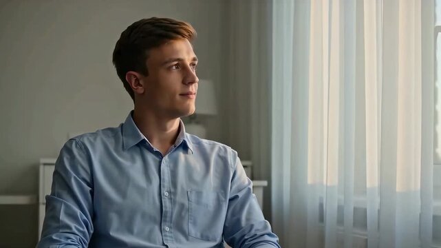 Young man in blue shirt sitting by window with curtains, looking out and smiling thoughtfully in warm natural morning light with a hopeful mood.