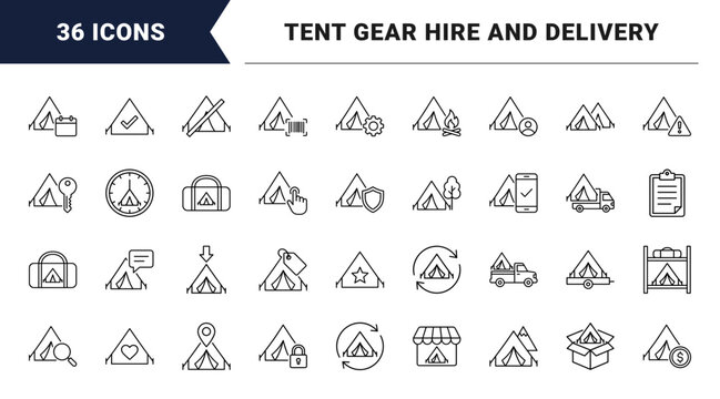 Tent Gear Rental Web Icon Set in Linear Style. Collection of camping equipment lease line icons, including tent hire, equipment booking, rental contract, deposit coin, return clock and more.