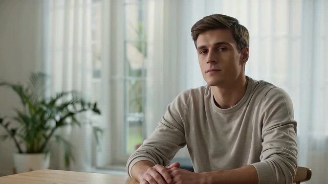 Handsome young man sitting at a table in a bright sunlit room. He transitions from looking away to a direct, serious gaze. Minimalist home interior.