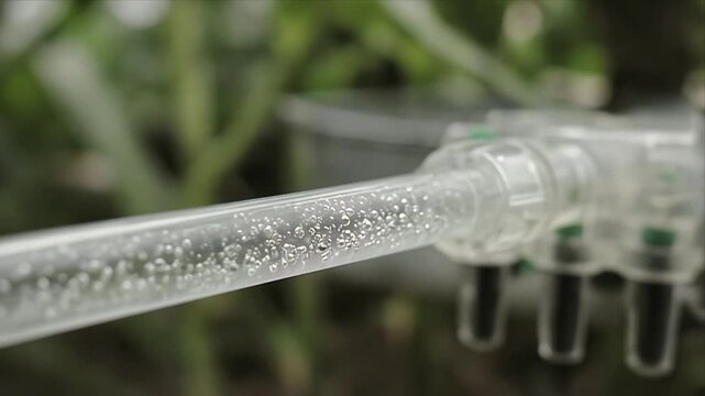 Cinematic sustainable industry macro background of transparent irrigation tube with water bubble flow modern greenhouse irrigation system showing efficient eco farming technology and environmental