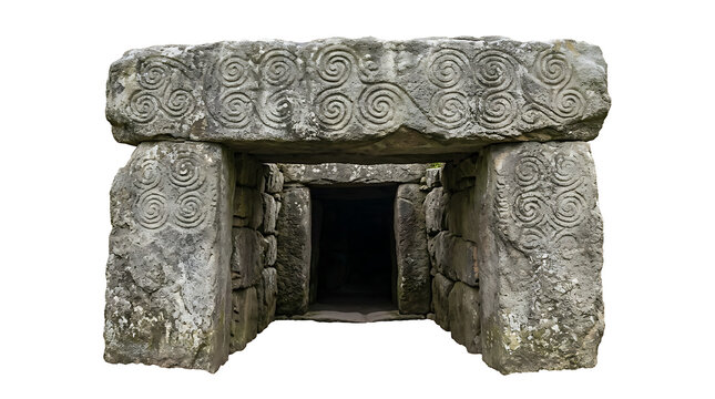 Ancient Stone Passage Tomb Entrance with Intricate Spiral Carvings Isolated on White