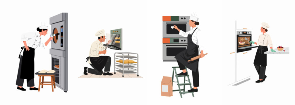 Set of flat vector illustrations featuring professional bakers and pastry chefs operating commercial ovens in a bakery or industrial kitchen environment.