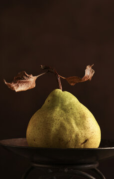 Fruit Still Life. An Anjou Pear on a pedestal against a warm brown mottled background.