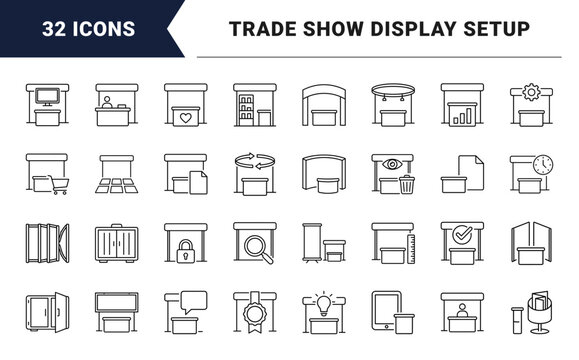 Trade Show Booth Design Web Icon Set in Linear Style. Collection of Exhibition Layout line icons, including backwall panel, lighting truss, display counter, banner screen, modular frame and more.