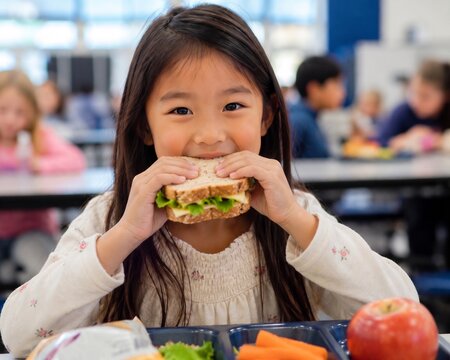 学校の食堂でカメラ目線で美味しそうに大きなサンドイッチを食べる笑顔の日本人の女の子。健康的な給食と食育のコンセプト