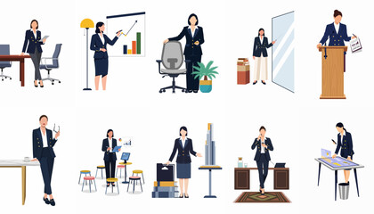 Fototapeta premium Collection of professional businesswomen in various office and work scenarios, flat vector illustration style
