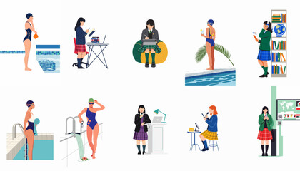 Fototapeta premium Flat vector illustration set of teenage girls in various daily activities, including studying, swimming, and using technology in diverse settings.