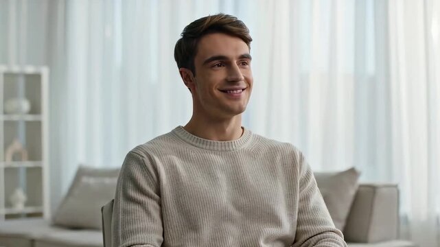 Young man in cream knit sweater sitting in bright modern living room looking aside and smiling. Soft natural lighting, positive mood, high key.