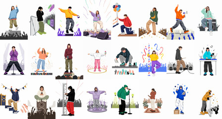 Fototapeta premium A diverse collection of stylized flat design illustrations featuring young people in dynamic poses, perfect for music, DJ, and youth culture themes.