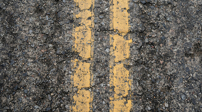 Worn double yellow traffic lines marked upon weathered cracked gray asphalt surface texture top view with asphalt pavement with significant paint erosion