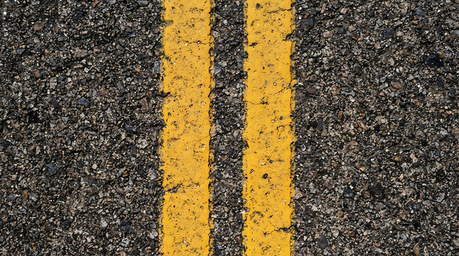 Double yellow traffic lines painted on textured asphalt surface viewed from above near vertical perspective with displays two parallel top down perspective