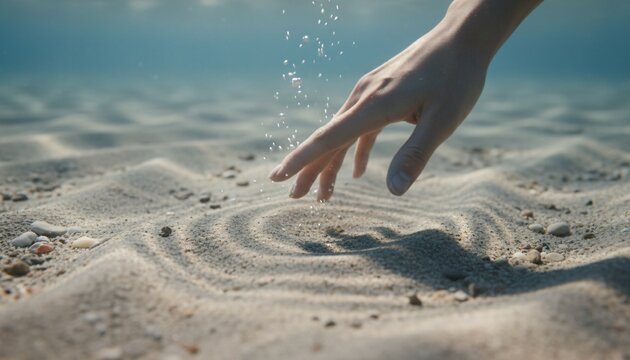 Close-up of a hand drawing circles in the sand underwater with small bubbles rising.